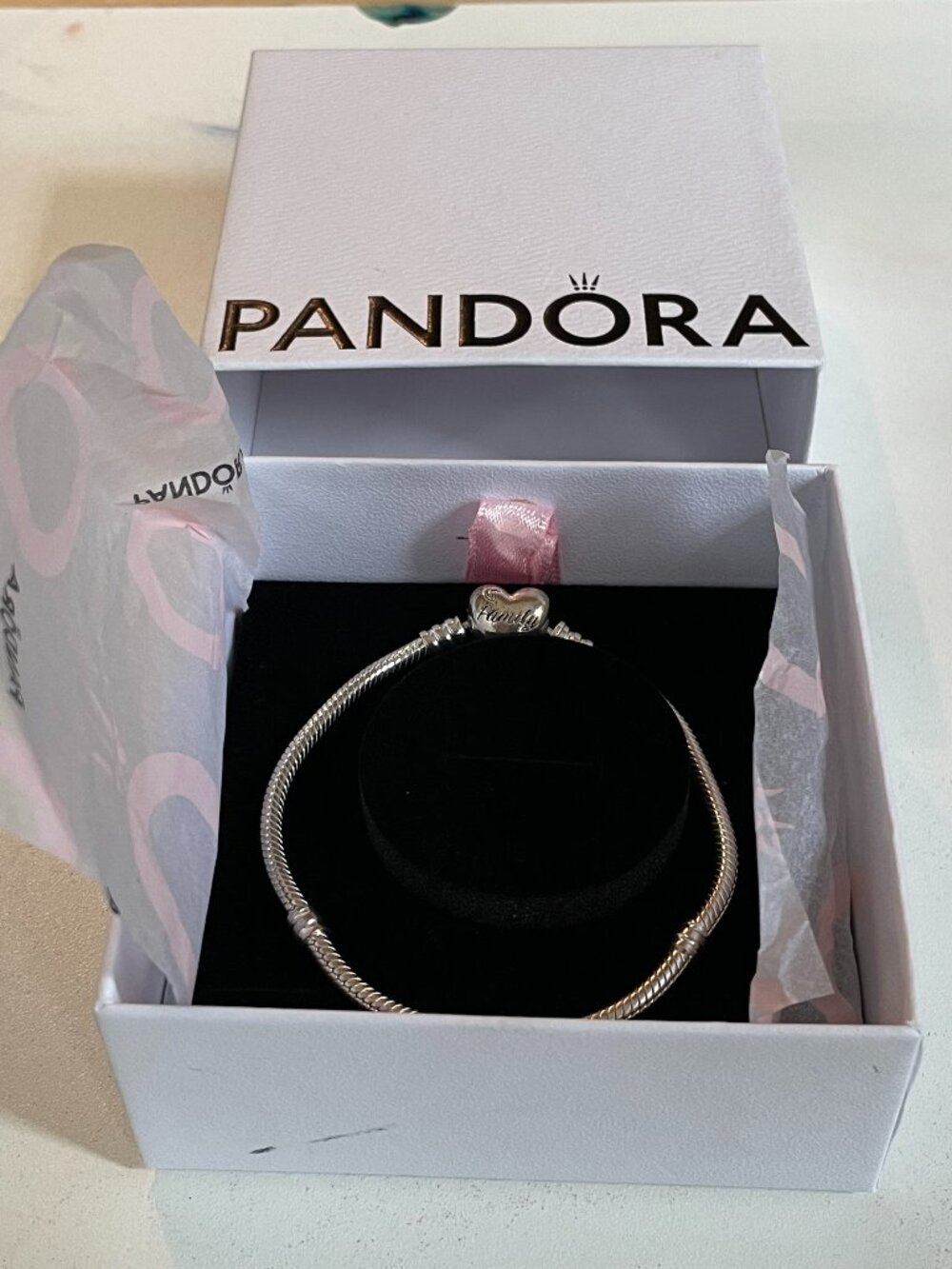 Pandora Moments Sterling Silver Family Tree Heart Clasp Snake Chain Bracelet